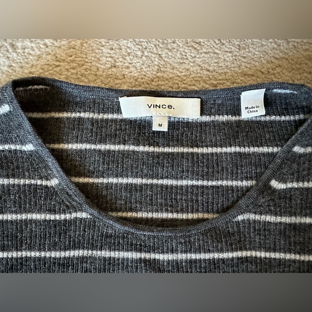 Vince Gray and White Striped Crew Neck Sweater - Picture 2 of 6
